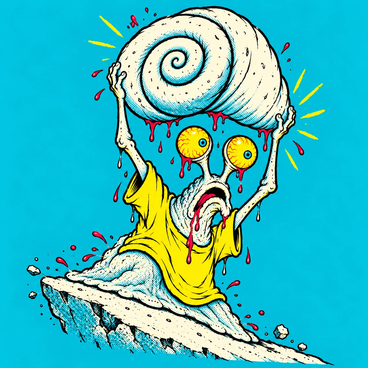 Shell Shock, a wide-eyed snail in a yellow shirt, lifting his enormous shell