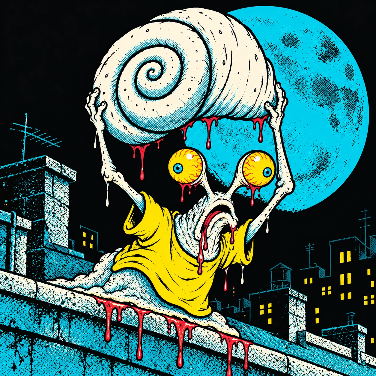 Shell Shock hauling his shell on a crooked city rooftop under a turquoise moon