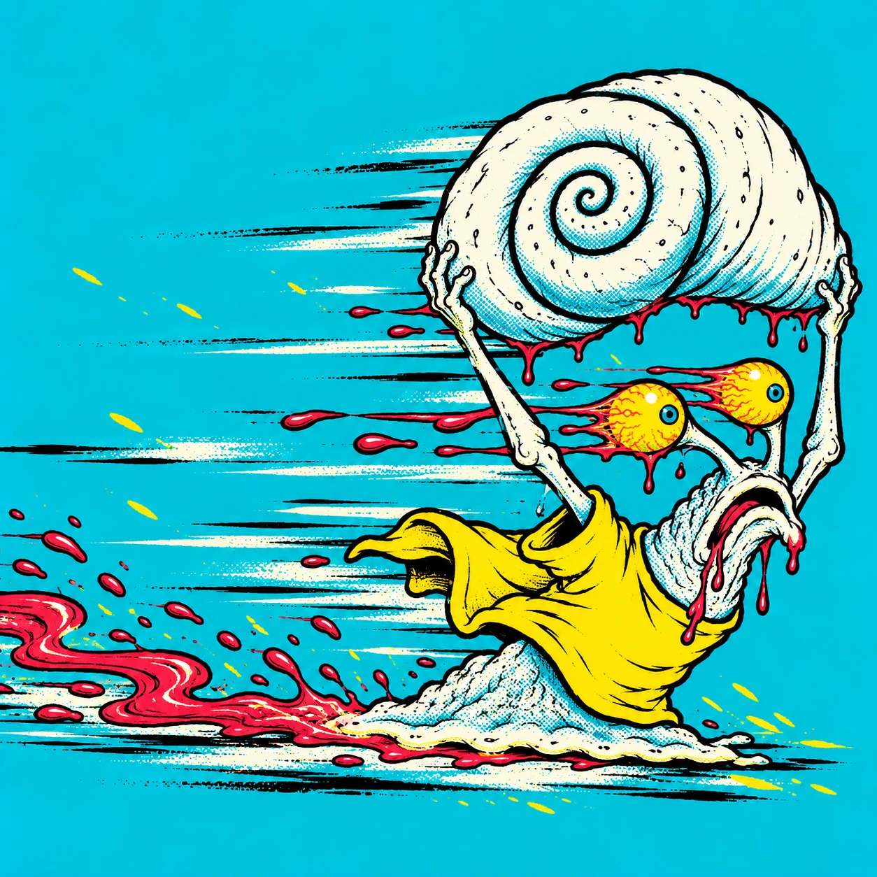 The snail speeding along a red slime trail with his eyes flying back